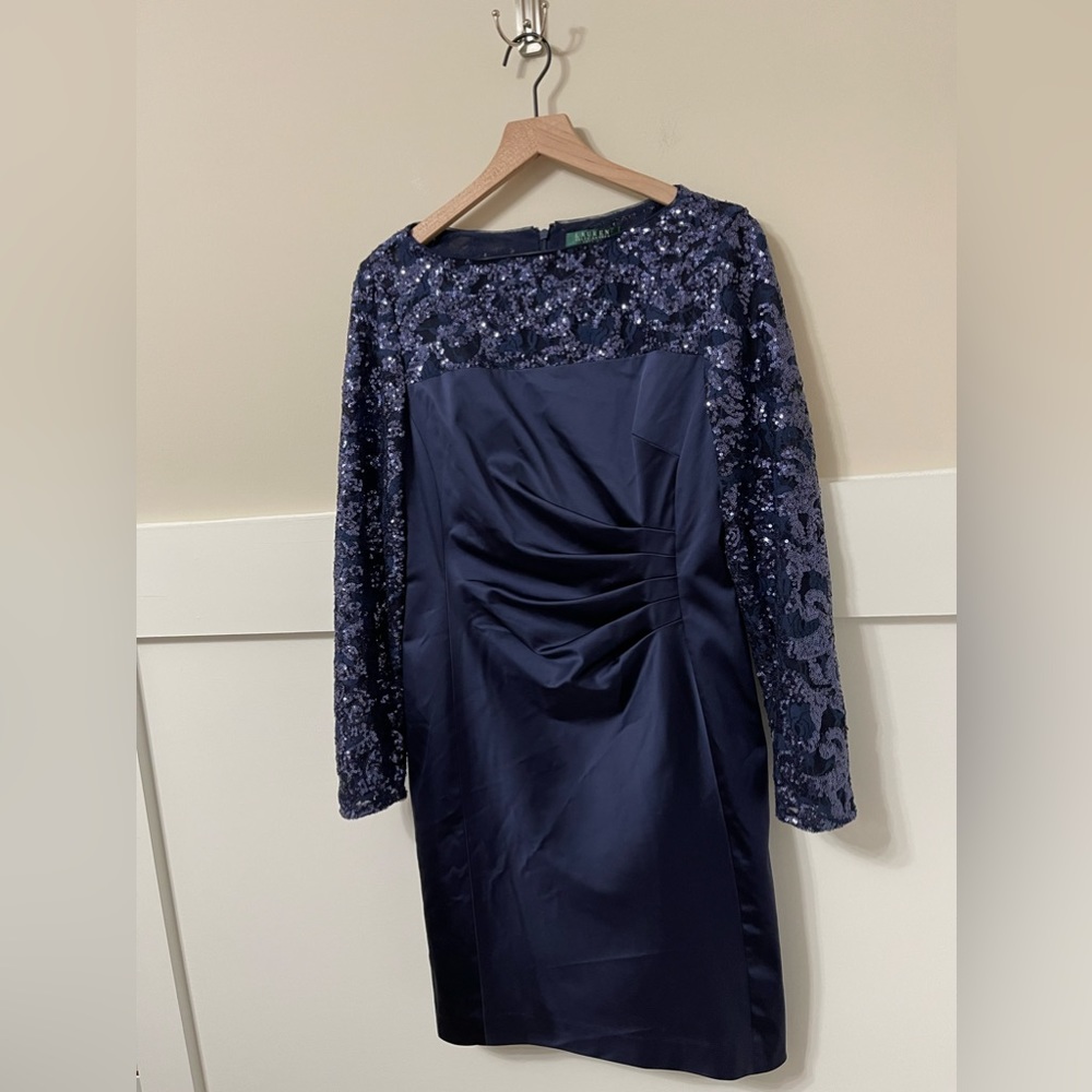 Lauren Ralph Lauren Evening Blue Sequin Formal Shift Dress Size 10 - Picture 5 of 10